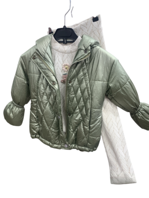 WAXOX Ensemble enfant chic : kaki & beige 3 pièces en maille (pull + veste + pantalon), référence 2011221211