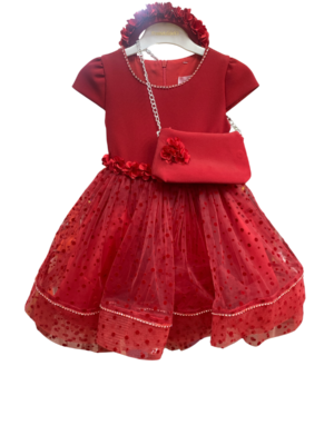 WAXOX Robe fille Pembele : rouge avec pompons, sac & bandeau, référence 2801231246