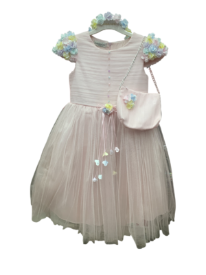 WAXOX Robe fille : rose bébé avec fleurs multicolores + sac + bandeau fleuri, référence 2701231847