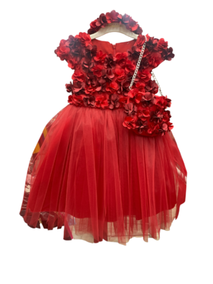 WAXOX Robe fille : rouge fleuri avec tulle + sac fleuri + bandeau fleuri, référence 2801231335