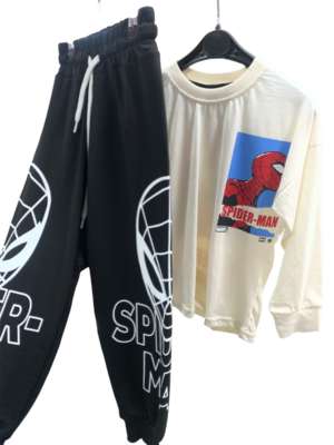 WAXOX Ensemble Pyjama Spiderman blanc cassé + pantalon noir, référence 0102231438
